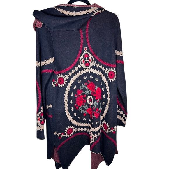 Maxsport XL Embroidered Hooded Cardigan Boho Floral Knit Red Black Wool Blend - Picture 3 of 8